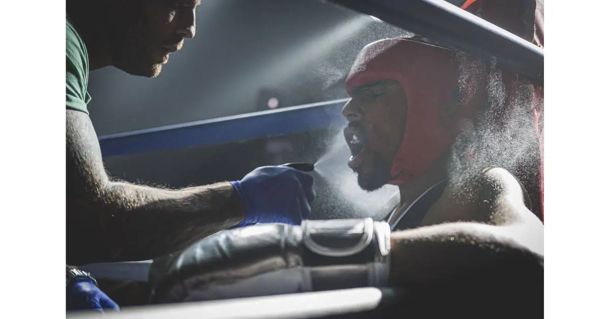 Boxer wearing headgear